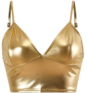 SamHeng Women's Metallic Crop Top Vest Sleeveless Wet Look Sexy V-Neck Camisole Shiny Rave Bra for Dance Festivals Costumes Night Club Party(Gold/XL)