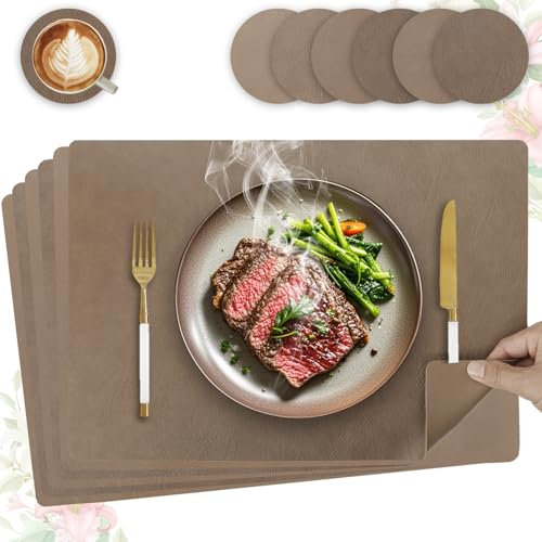 HELI MIAO 6er Set Tischset aus Leder-Imitat,Platzsets abwaschbar und wasserdicht,Platzdeckchen Lederoptik mit Untersetzer,Tischuntersetzer Doppelseitigen rutschfest(Eckig,braun)