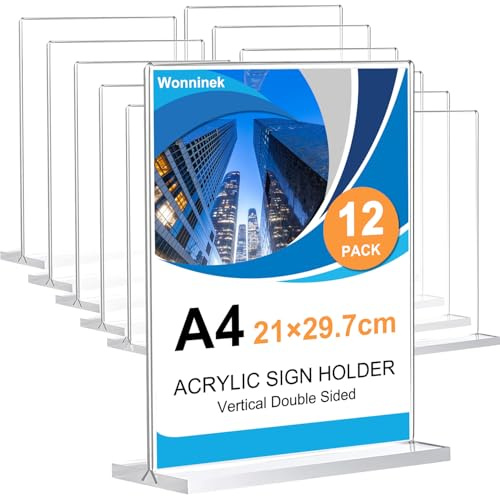 Wonninek Acryl Tischaufsteller A4, 12 Stück, T-Ständer Aufsteller | Doppelseitiger Preisschilder Flyer Aufsteller, Menükartenhalter, Schilderhalter für Büro Restaurant Cafe Shop Hochzeit