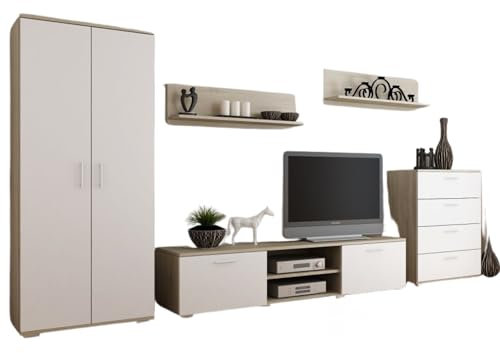 Per la vita Schrankwand California 2 Weiß – Modernes Wohnzimmermöbel Set mit Kleiderschrank, TV-Schrank, Kommode & 2 Wandregalen – Schrankwand für Wohnzimmer & Jugendzimmer