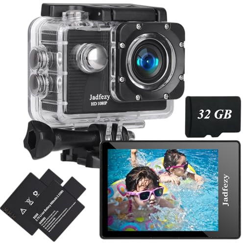 Jadfezy Action Camera FHD 1080P with 32GB Card, 98FT/30M Underwater Waterproof Camera with 2 Rechargeable Batteries, Wide Angle Sports cam with Accessories Kit Suitable for Helmet, Bicycle, etc.