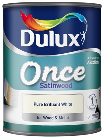 Once Coat Satin Wood Paint, Smooth Satin Finish, Fast and Efficient, Durable, Long Lasting, Easy to Apply, Ideal for Doors, Skirting Boards, Cabinets & Furniture, Brilliant White, 750ml