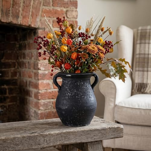 Keramik Vintage Vase Blumenvase, 19CM Schwarze Rustikale Vasen | Deko Amphore, Boho-Stil, steinoptik Vasen, landhausstil, Heimdekoration, Esstisch Wohnzimmer, Fensterbrett Trockenblumen