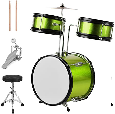 Karlak 3-teiliges Schlagzeug-Set für Kinder und Jugendliche Zur Musikalischen Inspiration mit Verstellbarem Hocker, Blau (Grün)