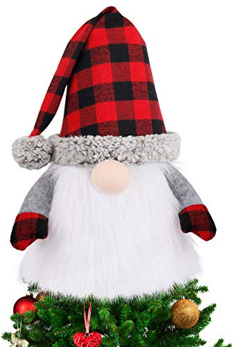D-FantiX Zwerg Weihnachtsbaumspitze, 69,5 cm groß, schwedische Tomte Zwerg Weihnachten Ornamente Santa Zwerge Plüsch skandinavische Weihnachtsdekorationen Urlaub Home Decor mit Plaid Hut