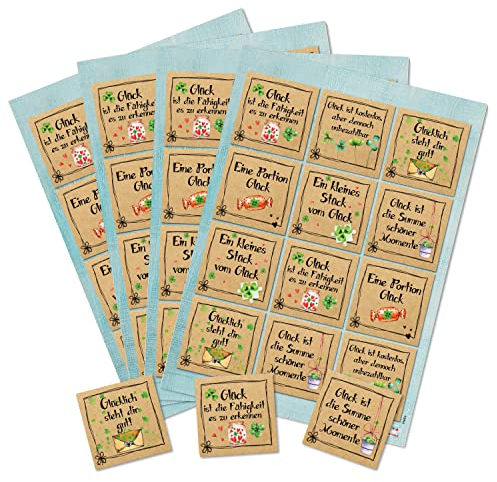 Logbuch-Verlag 48 Geschenkaufkleber GLÜCK braun grün mit Kleeblättern - Motivationsaufkleber Sprücheaufkleber 6 x 6 cm