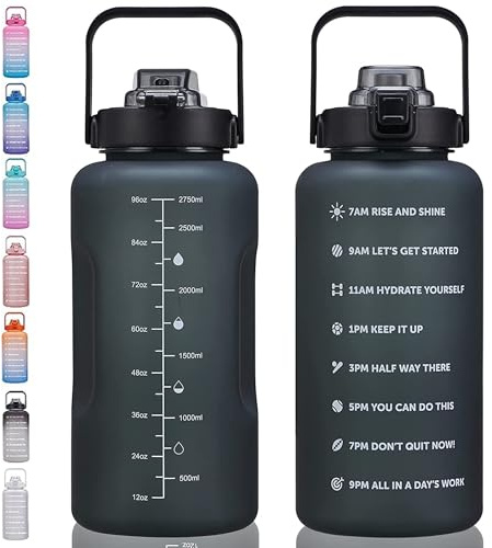 Bouteille d'eau de motivation ST-YIBEN de 100 oz avec marqueur de temps, étanche et sans BPA, bouteille d'eau noire de 3 litres avec paille et poignée, carafe d'eau givrée en Tritan pour femmes et