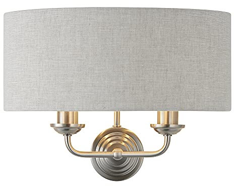 Endon 94403 Classic Modern Highclere 2 Light 40W E14 LED Half Shade Moon Crescent Dimmable Wall Light in Brushed Chrome Plated Finish Natural Linen Fabric Shade