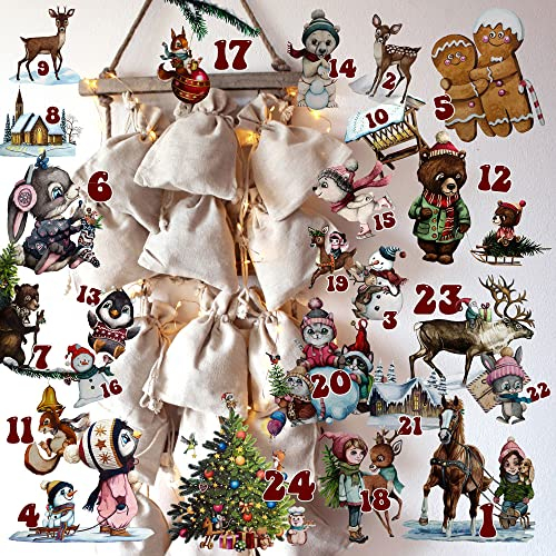 Adventskalender A3 und A4 Bügelbilder Bügelpatch Patches Motiv Tiere im Winter Hase Katze Bär Weihnachten zum Aufbügeln ad03 - ausgewählte Größe: *A3 Einzelmotivgröße ca. 6,7cm*