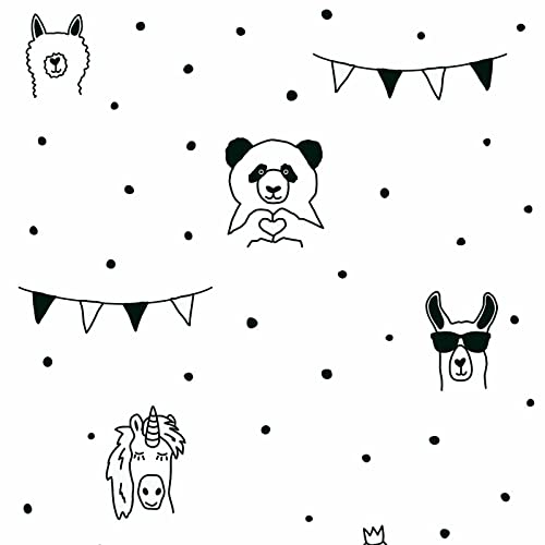 Kinderzimmer Tapete in Schwarz Weiß | Coole Vliestapete mit Panda Lama und Einhorn | Vlies Kindertapete mit Tieren und Punkten ideal für Mädchenzimmer