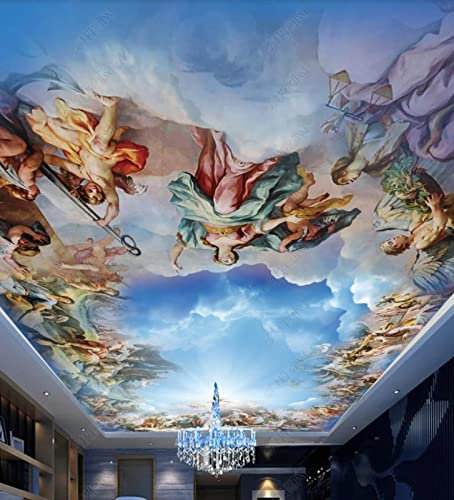 Yimesoy Personnalisé Ciel Bleu Et Nuages Blancs Ange 3D Plafond Hôtel Salon Chambre Papier Peint Pour Murs 3D Plafond Papier Peint Étanche 200Cm(W)×140Cm(H)