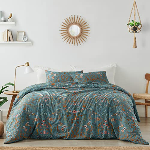 Boho Bohemian Farmhouse Bettwäsche-Set, mit Bettbezug und Kissenbezug, 3-teilig, für King-Size-Bett, Blaugrün und Orange, Wildblumen-Motiv, Vintage, Türkis