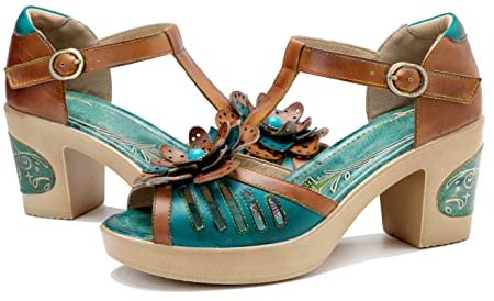 CrazycatZ Damen Leder Heeled Sandals bunten Blockabsatzschuhen Peeptoe Sandalen (Green, numeric_39)