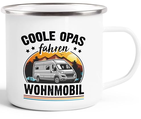 Moonworks® Emaille-Tasse Camping Home is where the Stellplatz is Geschenke für Camper Wohnmobil Spruch lustig emaille-weiß-silber standard