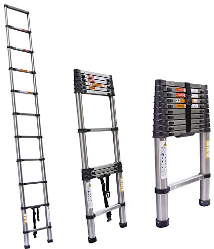 DICN 3.2m Soft Close Safe Retraction Telescopic Ladder, Extendable Multi Purpose Stainless Steel 150kg | Portable Loft Ladders Extension Ladder for Business Home Work DIY Builder