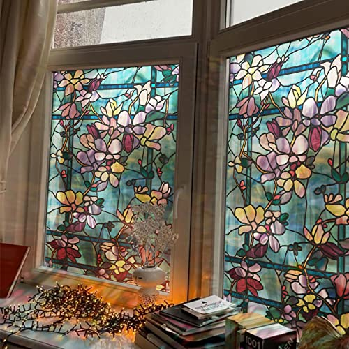 funlife Fensterfolie statisch haftende Fensteraufkleber Hoher Transparenz, selbsthaftende Glasfolie für Fenster Glas, zweiseitige Sichtschutzfolie Scheibenfolie, 30x300cm Magnolien
