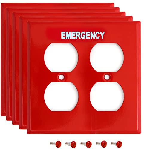 (5 Pack) Emergency Red Outlet Covers, Duplex Receptacle Switch Wall Plate, 2-Gang Standard Size, Heavy Duty, Red Metal, With White Silk-Screened Lettering, Code Compliant, Noticeable