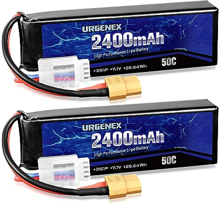 URGENEX 11.1V 2400mAh Lipo Battery 50C High Discharge Rate 3S RC Batteries with XT60 Plug Fit for RC Car Truggy RC Airplane, FPV Drone, UAV Quadcopter and Helicopter 2 Pack