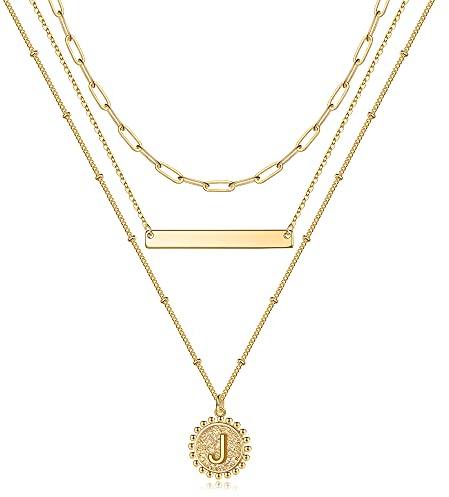TINGN Goldkette Damen Kette mit Buchstaben Kette Damen, 14K Gold Vergoldet Büroklammer Halskette Damen Gold Kette Münzen Buchstaben Kette Layering Gold Choker Kette Damen Gold Buchstabe J Halskette