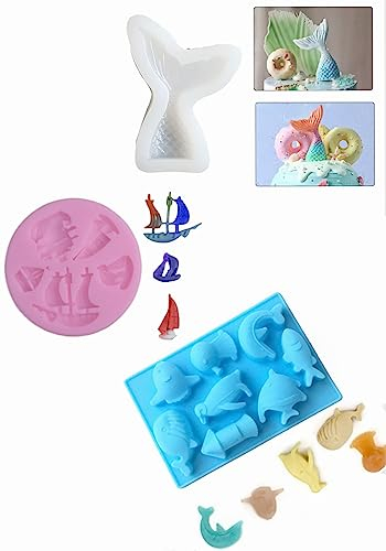 TTOA - 3 PCs Sea Shell Dolphin Boat Silicone Fondant Mould | Fish Tail Sea Themed Sugar Paste | Fish Octopus Icing Mould | Cake Decoration