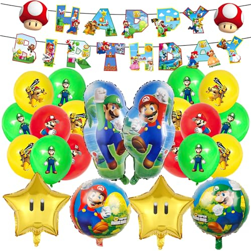 Super Mario Geburtstagsparty-Zubehör, 80 Stück, 16 Gäste, Super Mario Partygeschirr-Set, inklusive Teller, Becher, Servietten, Tischdecke, Banner für Kinder, Jungen, Mädchen,