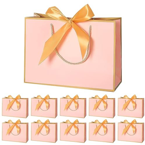 10 Sacs Cadeaux avec Poignée, Sacs Cadeaux en Papier avec Nœuds pour Anniversaire Célébration Fête Festival Noël 32×25×11cm (Rose)