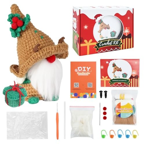 Häkelset für Anfänger, Weihnachtszwerge, Häkelgarn-Set für Erwachsene und Kinder, Häkelstricksets für Anfänger mit Häkelgarn, Häkelnadeln, Anleitung und Video-Tutorial für DIY Handwerk Kunst