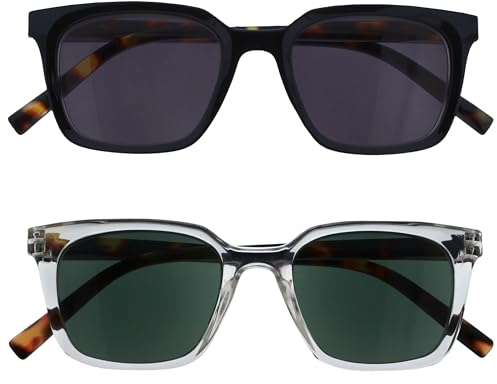 OPULIZE KOI Gafas de Lectura Para el Sol x2 - Rectangular - Lentes Tintadas UV400 - Negro/Transparente - Hombre Mujer - Bisagras de Muelle - SS50-1C +2.00