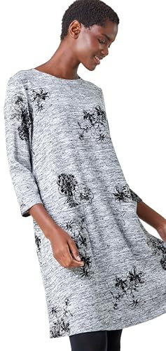 Roman Originals Tunic Dress with Pockets for Women UK Ladies Swing Fit & Flare Skater Slouch Stretchy Casual Smart Winter Jersey Pull On Work Office 3/4 Long Sleeves - Grey - Size 10