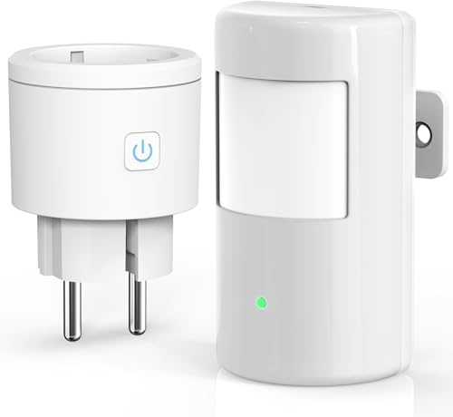 Détecteur de mouvement infrarouge avec prises télécommandées, détecteur de mouvement sans fil ASOFTY avec capteur de lumière, paramètres réglables, activation automatique des lampes et appareils pour