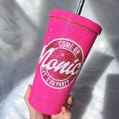 HELVES Vaso de Fiesta Let's Go con Pajita, Nombre Personalizado, Botella de Agua Brillante, Taza de café de Acero Inoxidable, Regalo for Ella (Size : 500ml, Color : Hot Pink Barb)