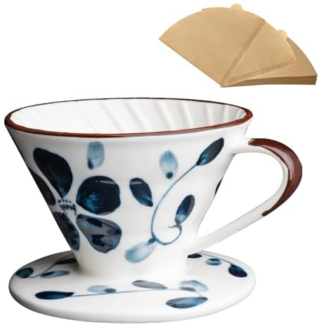 Wiederverwendbarer Keramik-Kaffeefilter-Tropfer, mit 100 Filterpapier, 60 Winkel, zum Übergießen von Kaffeemaschinen, groß für 1–4 Personen