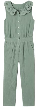 Vertbaudet Mädchen Jumpsuit aus Musselin, bestickter Kragen salbeigrün 122