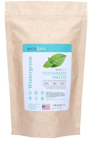 Ecofam Wintergreen Toothpaste Tablets Chew Tablets for Fresh Breath Fluoride Free Nano Hydroxyapa Toothpaste Pack of 350 Refill Bags