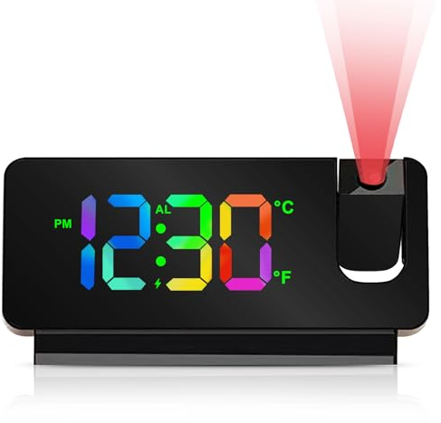 BYZESTY Wecker Digital mit Projektion, Projektionswecker 180 °, Digitaler Wecker mit Temperatur, Datum, 12/24HR, USB Aufladbarer, Projektionsuhr für Schlafzimmer (schwarz)