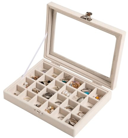 Frebeauty Bandeja joyas 24 compartimentos, terciopelo, tapa transparente | Organizador de pendientes, caja para gemelos, organizador de pendientes con tapa transparente y cierre de seguridad