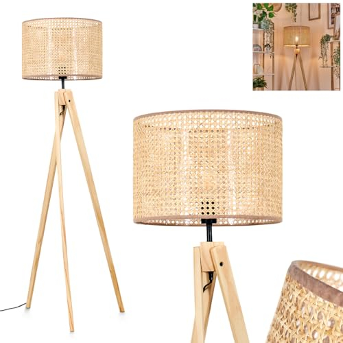 Stehleuchte Barcos, Stehlampe aus Holz/Rattan in Naturfarben, Leuchte im skandinavischen Design mit rundem Schirm (Ø 40cm) u. Fußschalter, Höhe 151 cm, 1x E27, ohne Leuchtmittel