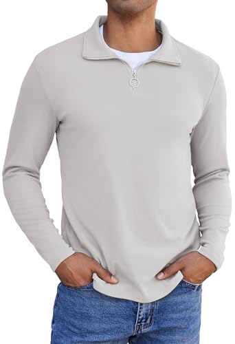 COOFANDY Herren 1/4 Zip Sweatshirt Sweater Troyer Longsleeve Sport Langarmshirts Poloshirt Herren Langarm T Shirts Polo Sweatshirt Casual Pullover Ohne Kapuze Hellgrau 2XL