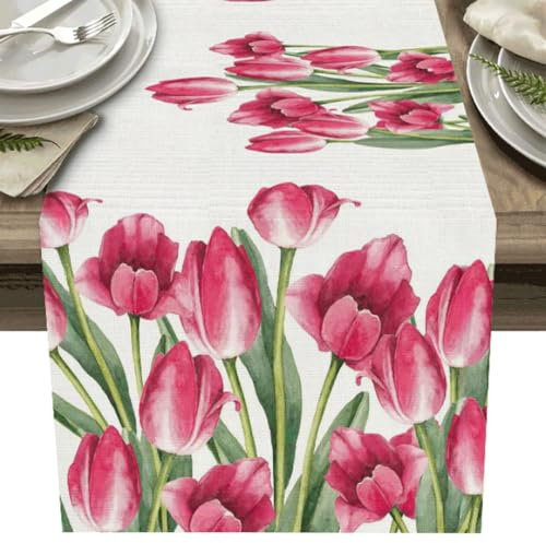 Avoik Tischläufer Sommer Rosa Blumen Tischläufer Frühling Modern Wohnzimmer Abstrakt Tischdecke Leinen Tulpen Tischläufer rutschfest Tischband Dekoration für Esszimmer Party Urlaub 33x180cm