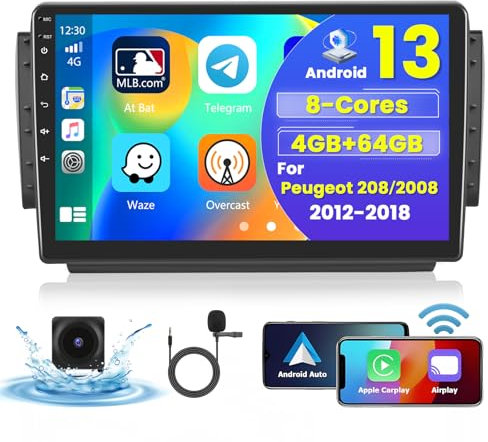 Hikity 8 Core 4+64G Car Play Radio per Peugeot 208 2008 2012-2018 Wireless Carplay Android Auto Android Autoradio 10.1 Pollici Stereo Auto con GPS 32EQ WIFI Bluetooth FM RDS SWC Telecamera Posteriore