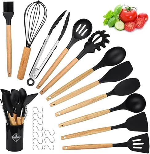 Utensilios De Cocina Silicona - Set De Utensilios Cocina 22 Piezas - Paletas Cocina, Espatulas Silicona Cocina - Cosas De Cocina - Juego De Cocina (Negro, Incluye 10 Ganchos)