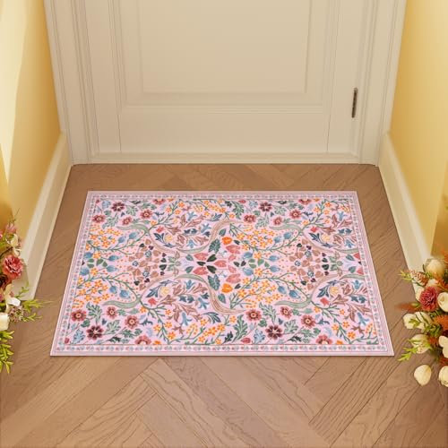 Moynesa Tapis lavable à motif floral rose, 61 x 91 cm, bohème antidérapant doux pour chambre à coucher, petit tapis décoratif à fleurs pour entrée