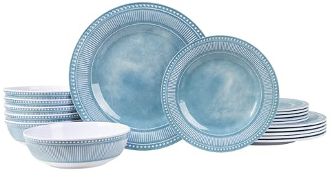 Set di stoviglie in melamina AELS da 18 pezzi, set di piatti per uso interno ed esterno, set di piatti e ciotole in melamina per 6 persone, lavabili in lavastoviglie, leggero e infrangibile, senza BPA
