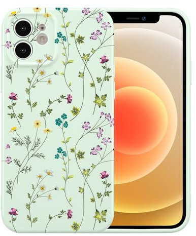 RALEAVO Flower Case for iPhone 12 (6.1”), Girls Floral Silicone Shockproof Case Cover with Cute Patterns Protective Case for iPhone 12-Green