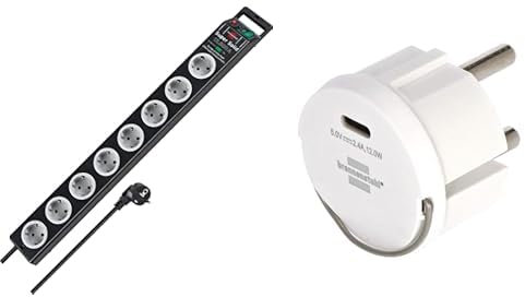 Brennenstuhl Super-Solid, Steckdosenleiste 8-Fach mit Überspannungsschutz (mit 2,5m Kabel und Schalter, Mehrfachsteckdose aus bruchfestem Polycarbonat) + Brennenstuhl USB C Steckdosenadapter