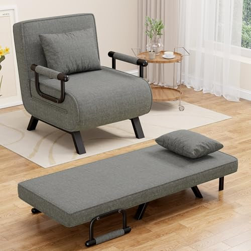 Hawthyhome 4 in 1 Schlafsessel, Schlafsofa mit Bettfunktion, Relaxsessel mit Verstellbare Rückenlehne, Platzsparendes Gästebett, Metallrahmen & Leinen, 150 kg Tragkraft, Abnembarem Kissen, Dunkelgrau