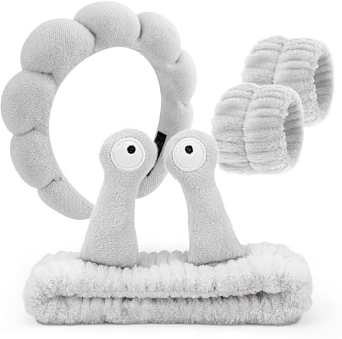 DRESHOW Spa Stirnband zum Waschen Gesicht Armband Schnecke Haare Bands Set Elastische Make Up Schwamm Weichem Frottee Hautpflege Rutschfest Stirnband Cartoon für Damen