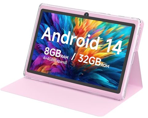 HOTTABLET Tablet 7Inch Android 14.0 with Protective Case, 8GB(4+4GB Expand) RAM+ 32GB ROM, IPS Screen, Dual Camera, Bluetooth 5.0 WiFi Tab (Pink)