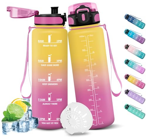HoneyHolly Borraccia, 1000ml con Marcatori di Tempo, Borraccia Motivazionale, Prova di Perdite, Borraccia Sportiva, Palestra, Borracce, Bottiglia Acqua per Scuola, Campeggio, Yoga, Ufficio