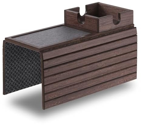 DETOR Sofa Arm Tray with Cup Holder, Walnut Finish, Fits Armrest 14cm + | Large 11.5 cm Square Cup Holder, Durable Bamboo Slats, Enhanced Non-Slip Felt Base Keeps Drinks, Phones and Remotes Secure